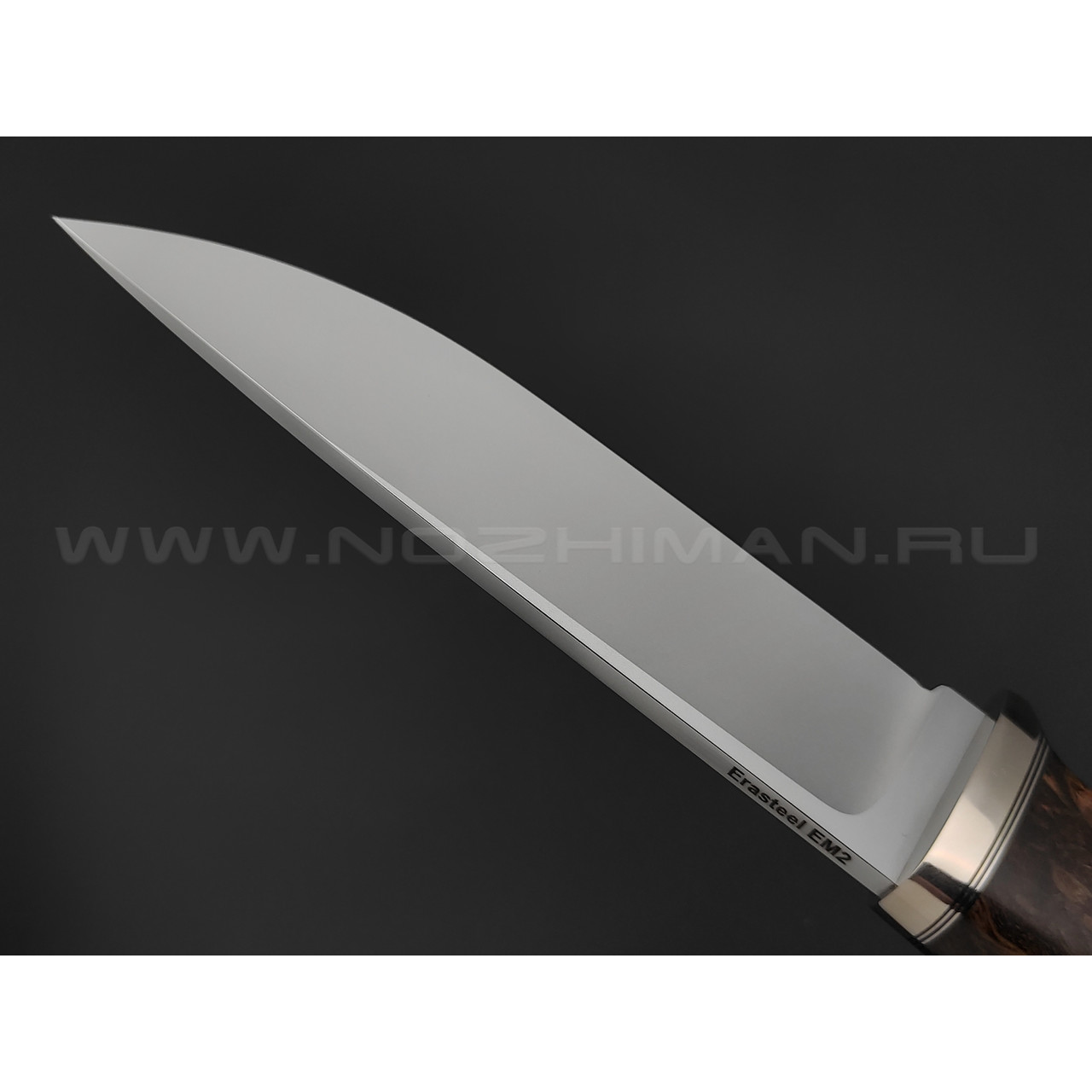 Кметь нож Панцуй сталь Erasteel EM2, рукоять Карельская береза, мельхиор