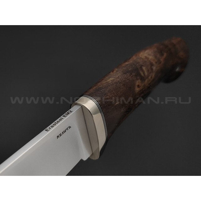 Кметь нож Панцуй сталь Erasteel EM2, рукоять Карельская береза, мельхиор
