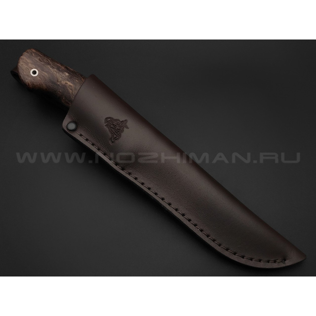 Кметь нож Панцуй сталь Erasteel EM2, рукоять Карельская береза, мельхиор
