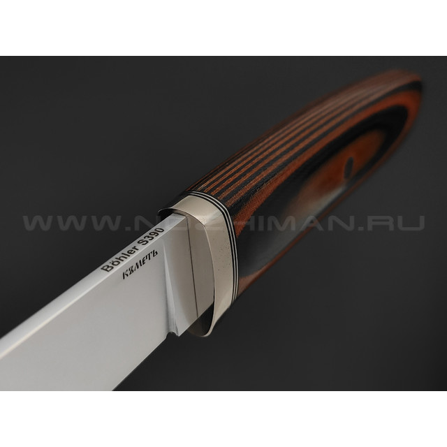 Кметь нож Клык сталь Bohler S390, рукоять микарта, мельхиор