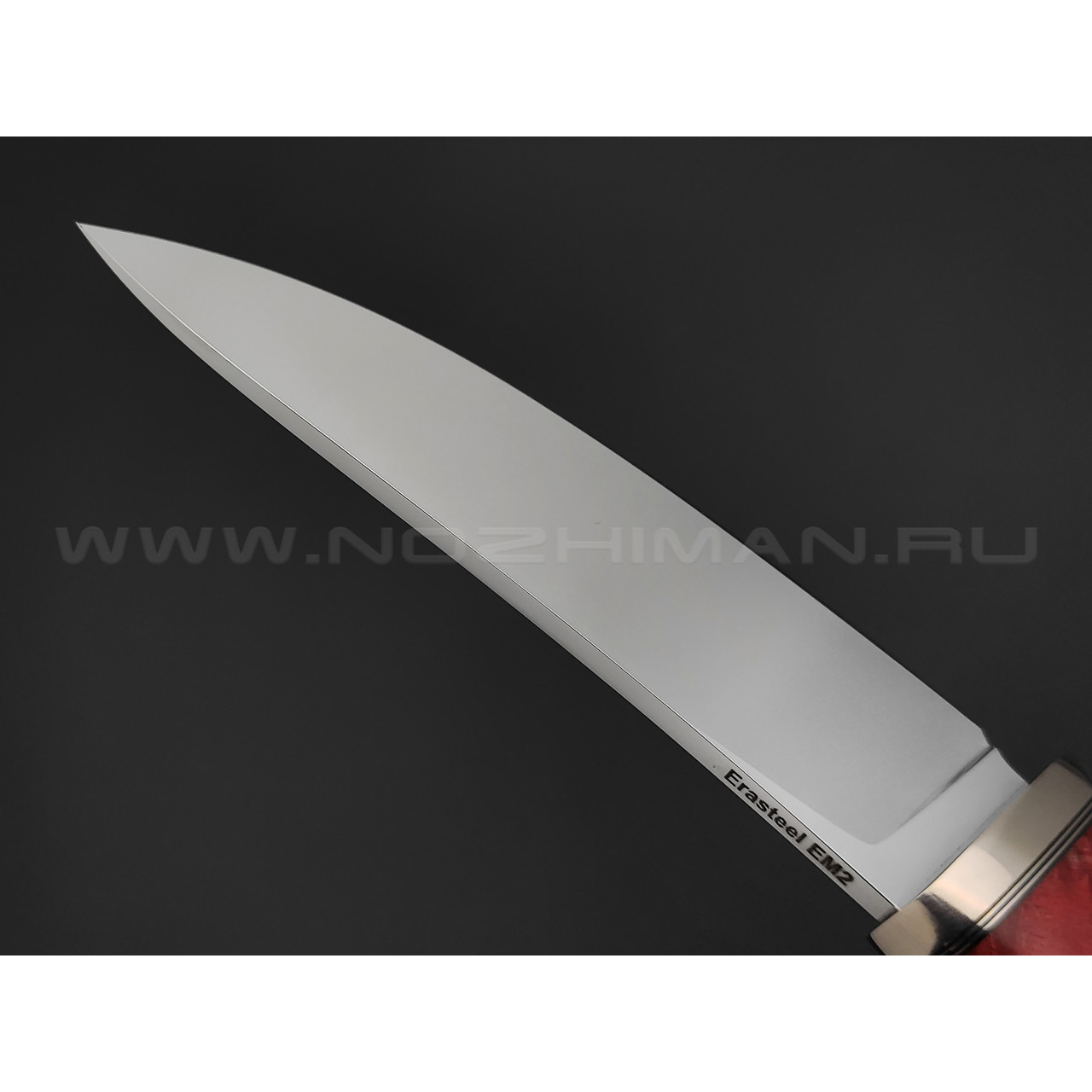 Кметь нож Скинер сталь Erasteel EM2, рукоять Карельская береза, мельхиор