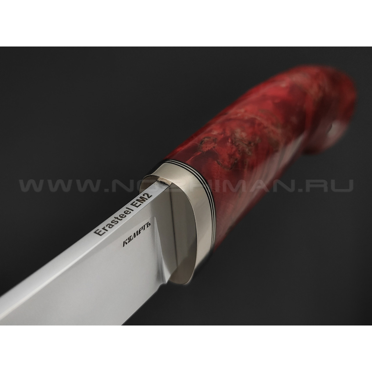 Кметь нож Скинер сталь Erasteel EM2, рукоять Карельская береза, мельхиор