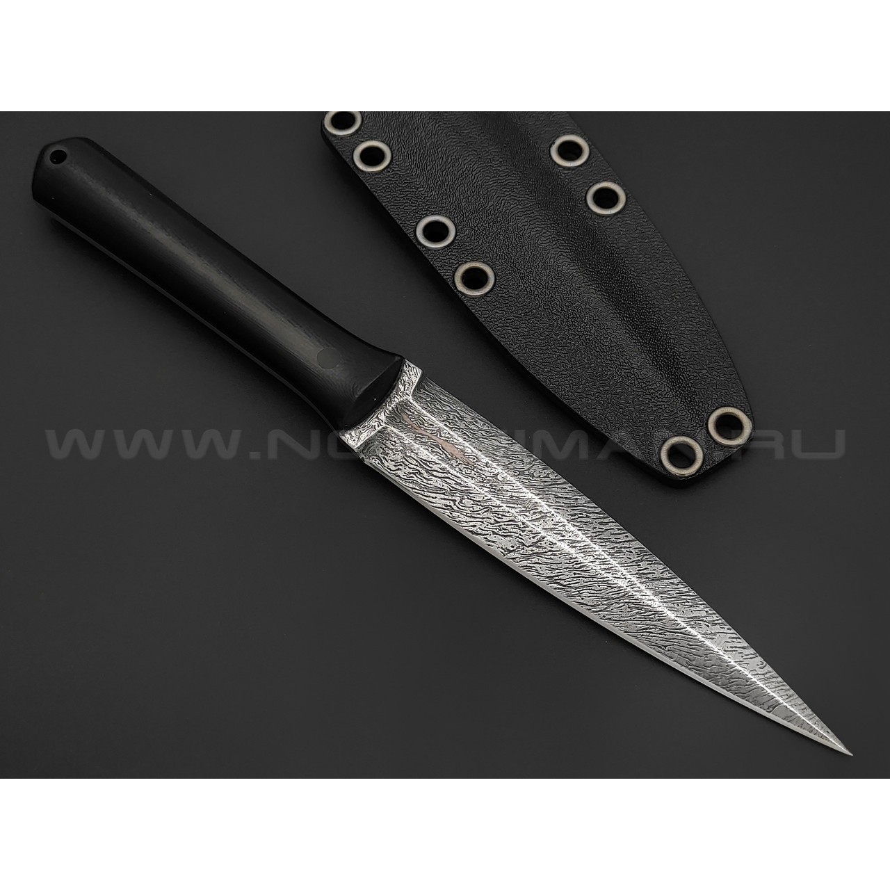Волчий Век нож Кинжалойд сталь N690 WA дамаскаж, рукоять G10 black