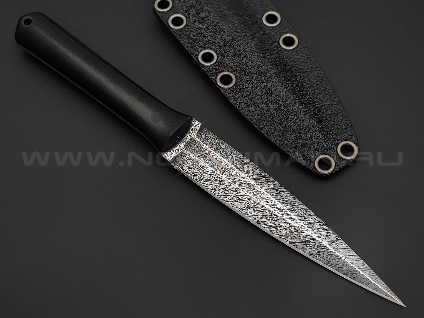 Волчий Век нож Кинжалойд сталь N690 WA дамаскаж, рукоять G10 black