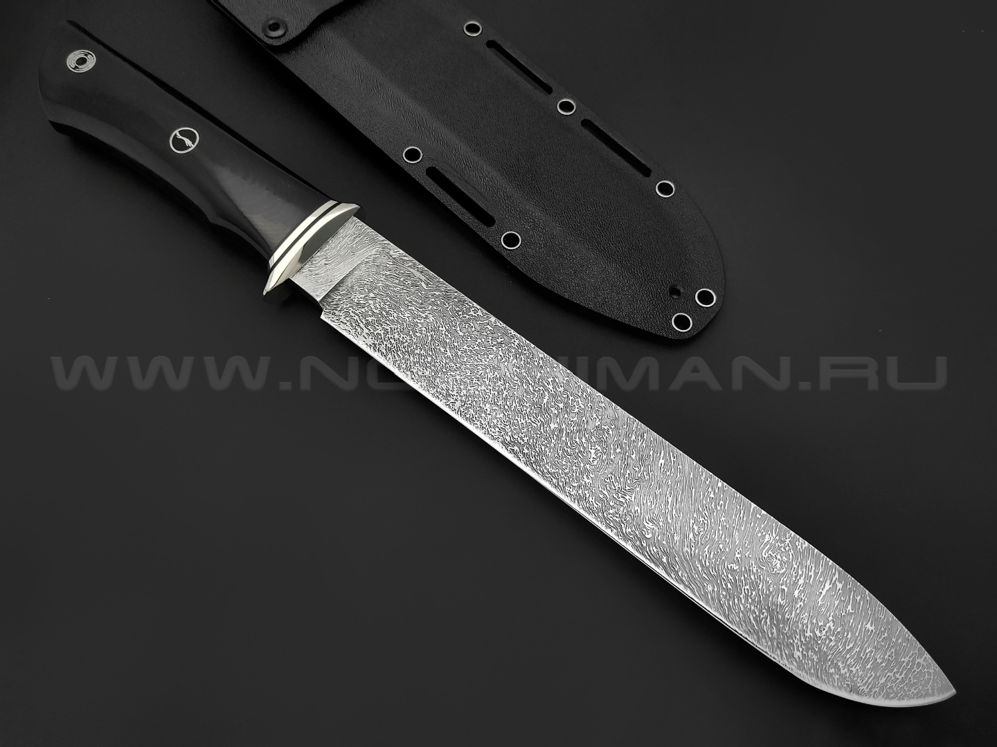 Волчий Век нож Слон Big Custom сталь 1.4116 WA дамаскаж, рукоять черная микарта, нейзильбер, пины