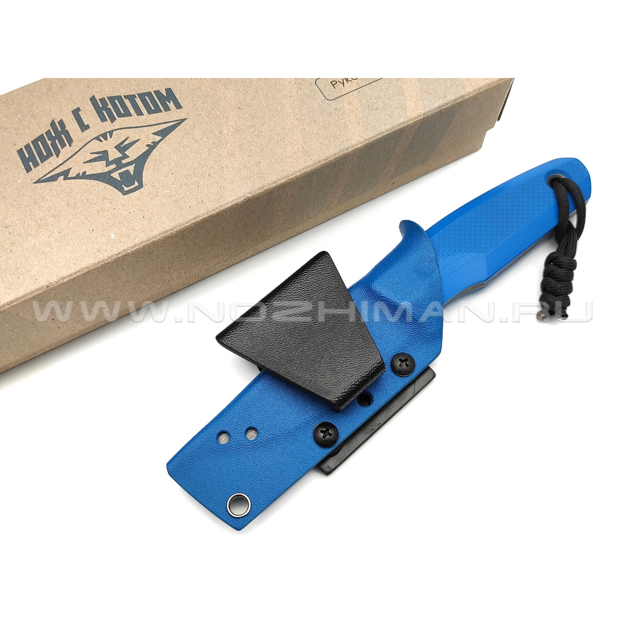 Нож с Котом "Пионер" сталь X90, рукоять G10 blue, kydex blue