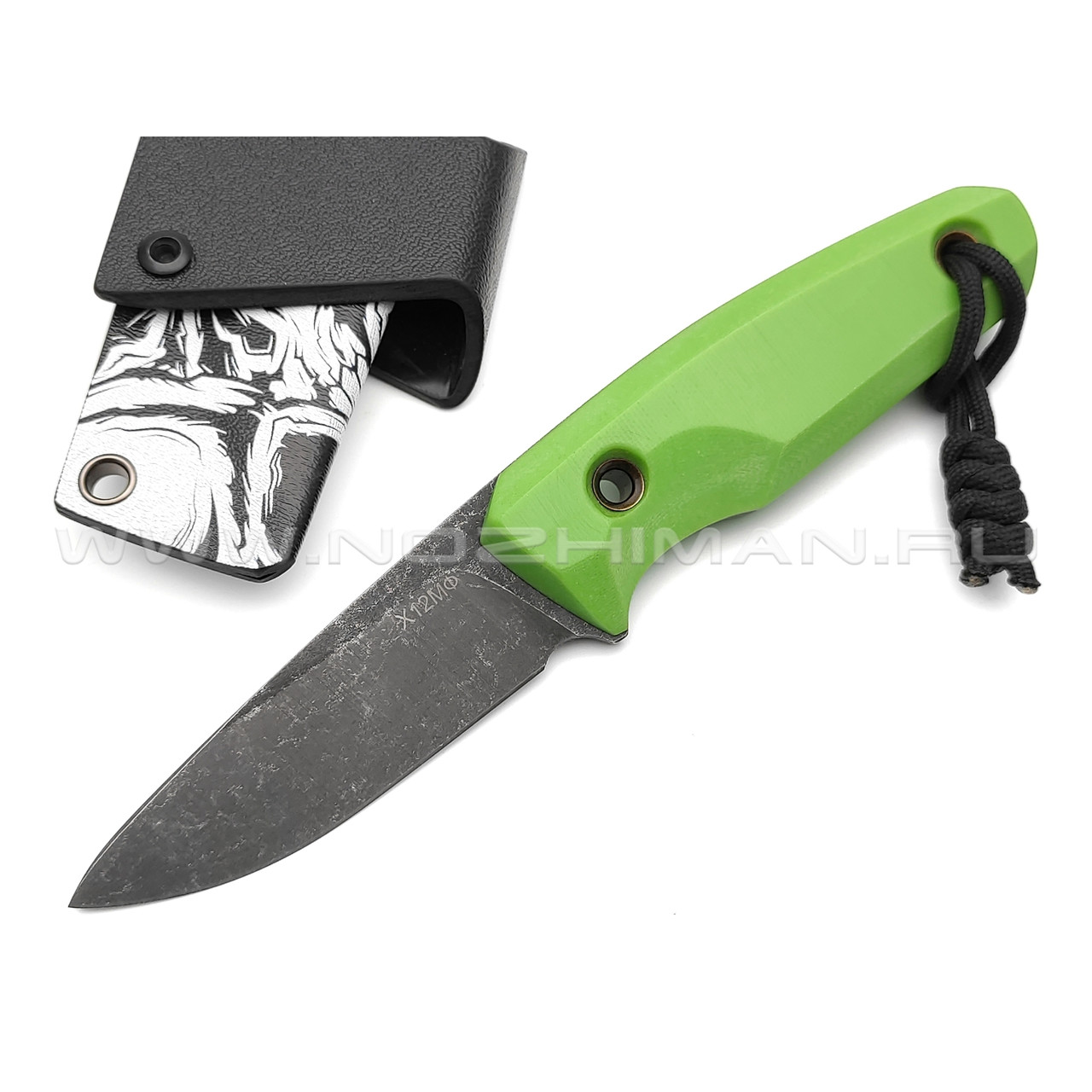 Нож с Котом "Пионер" сталь Х12МФ, рукоять G10 green, kydex black & white