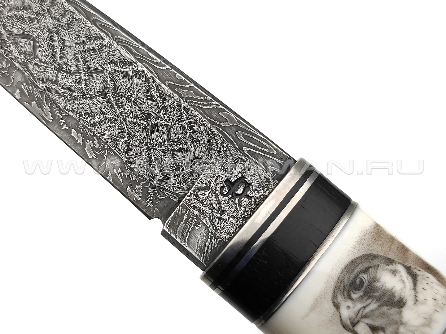 Кузница Матвеева нож VM013 мозаичный дамаск, рукоять бивень мамонта, скримшоу, макассар, нейзильбер