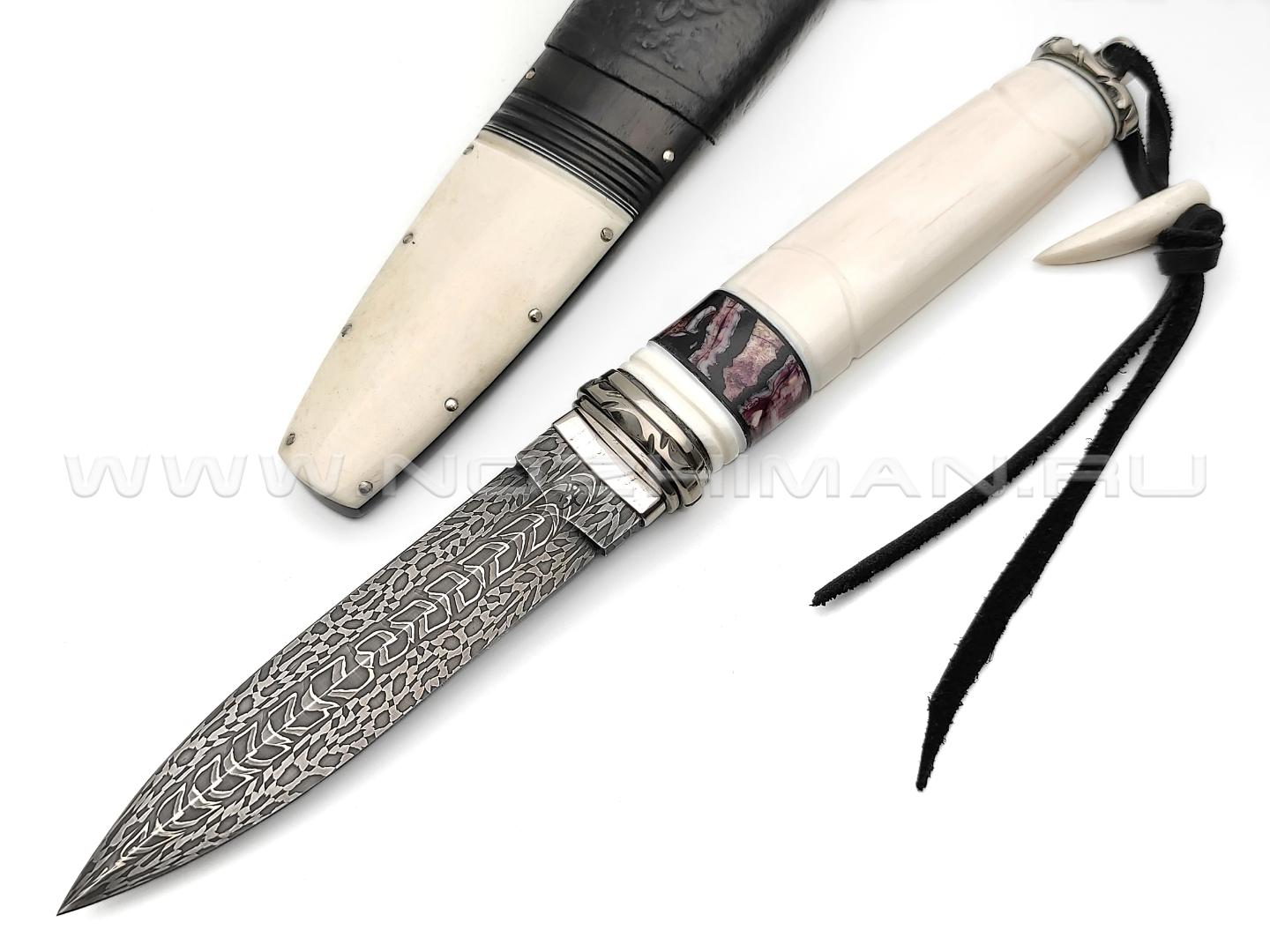 Кузница Матвеева нож VM012 мозаичный дамаск, рукоять бивень моржа, зуб мамонта, нейзильбер, макассар