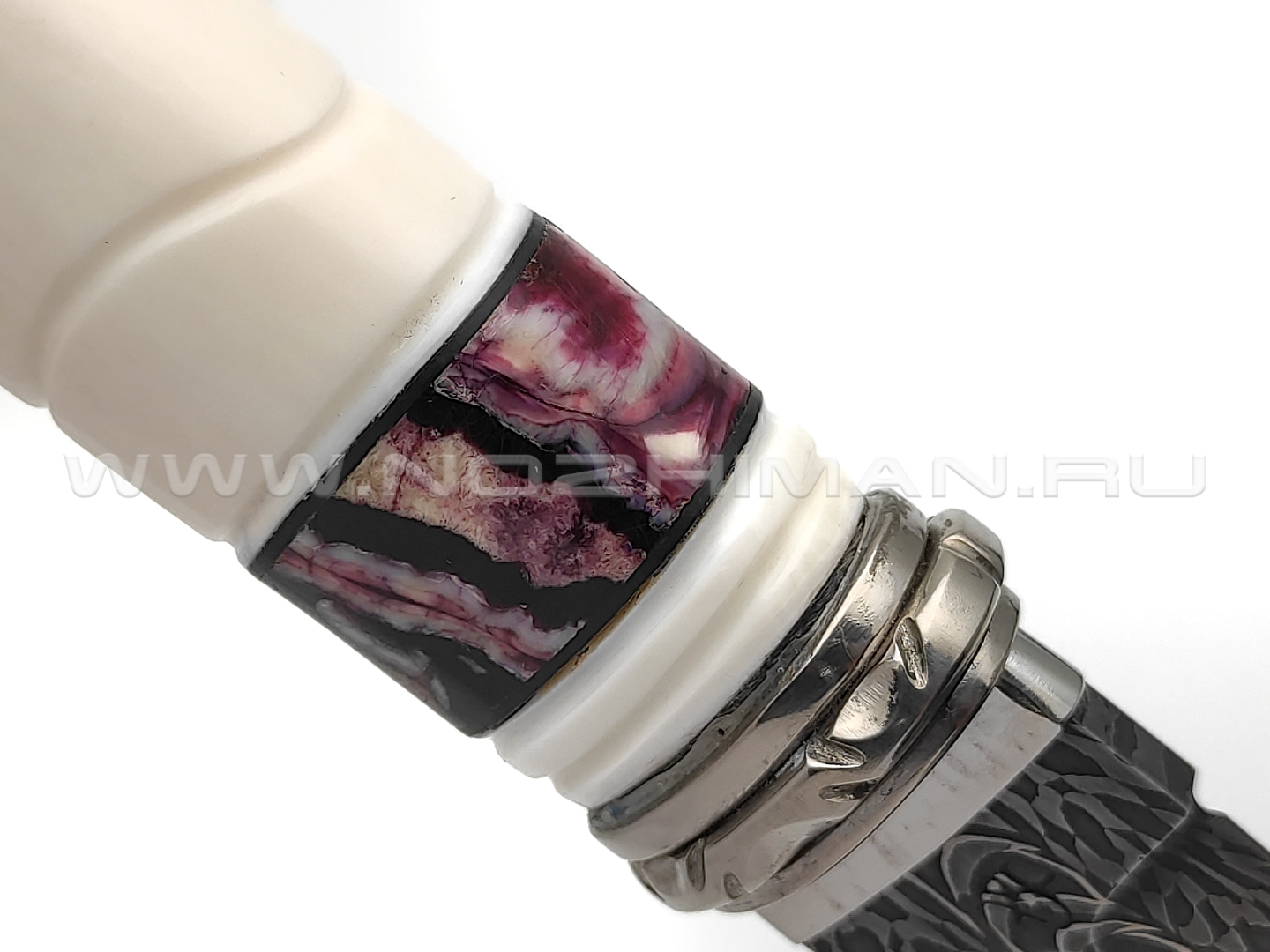 Кузница Матвеева нож VM012 мозаичный дамаск, рукоять бивень моржа, зуб мамонта, нейзильбер, макассар
