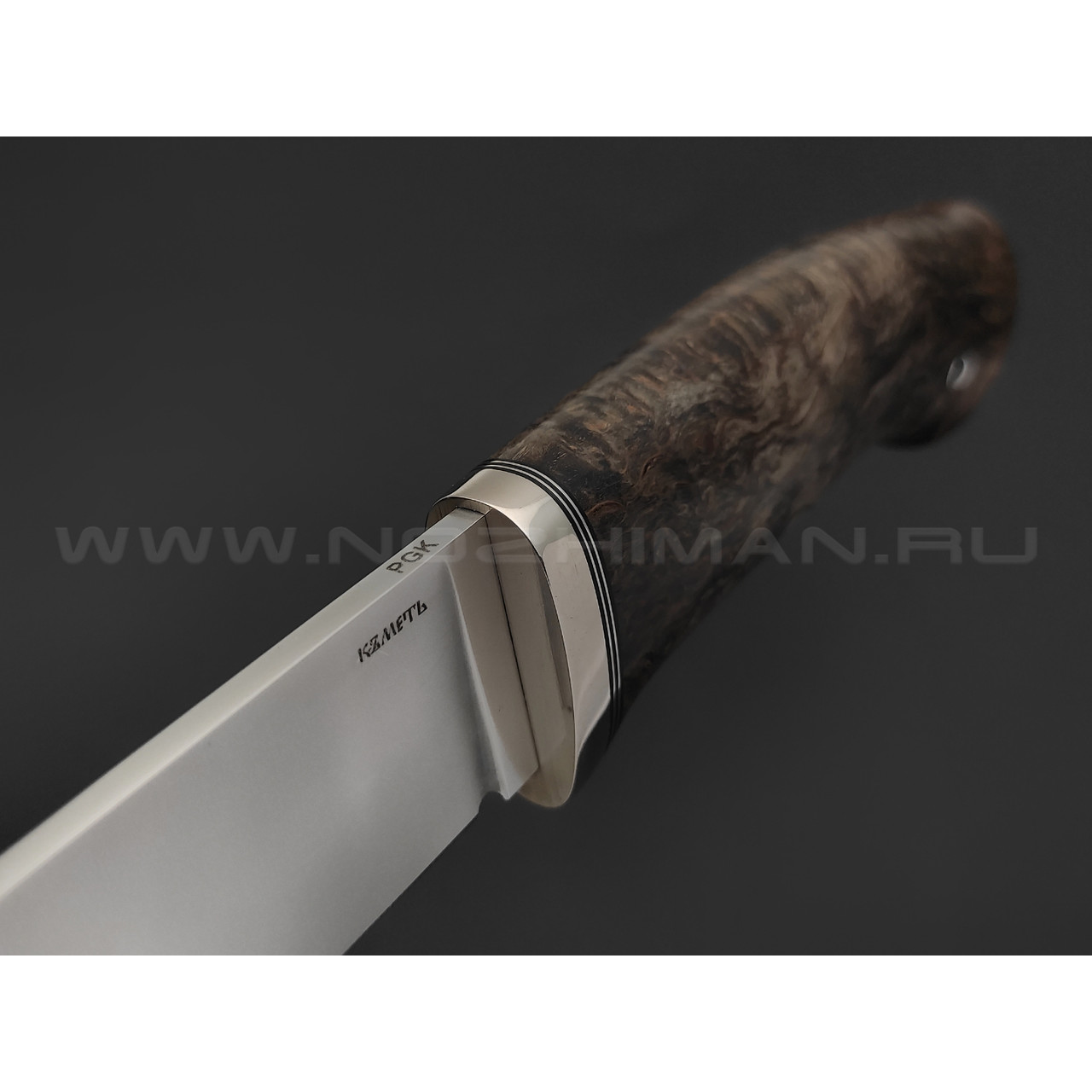 Кметь нож Панцуй сталь PGK, рукоять Карельская береза, мельхиор
