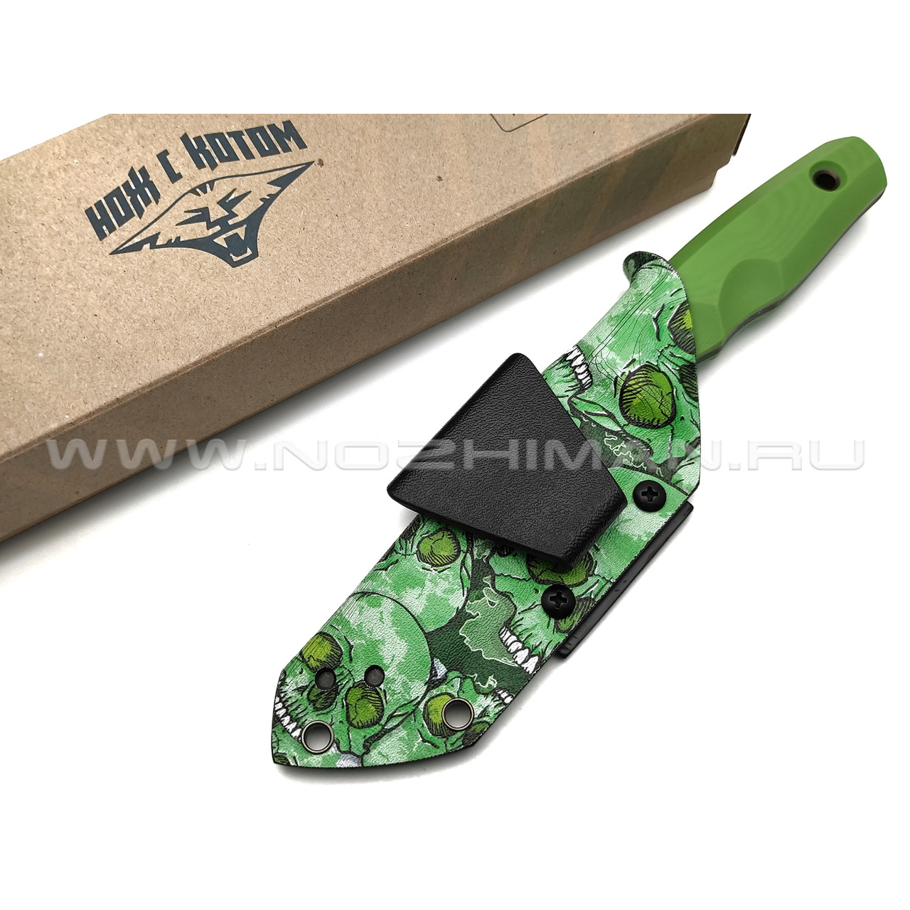 Нож с Котом "Тик-Так 2" сталь X105, рукоять G10 green, kydex green skull