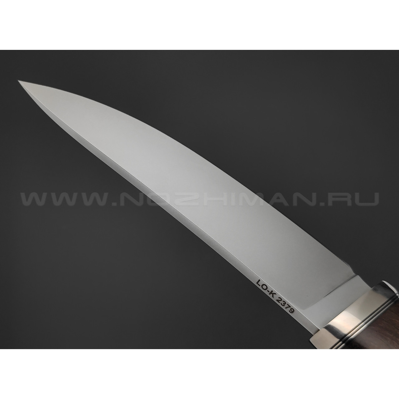 Кметь нож Скинер сталь LO-K 2379, рукоять карельская береза, мельхиор