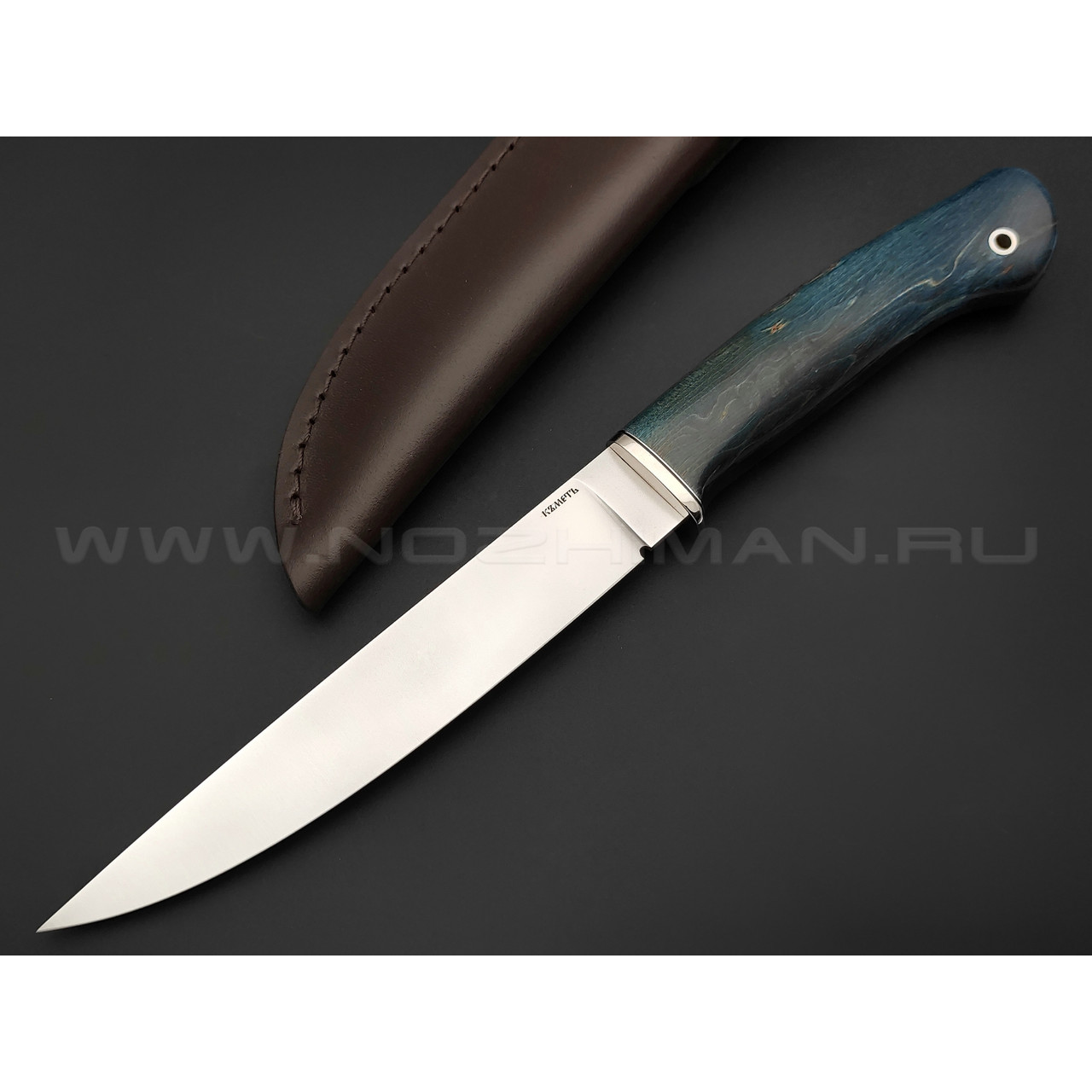 Кметь нож Рыбацкий сталь M390, рукоять карельская береза, мельхиор