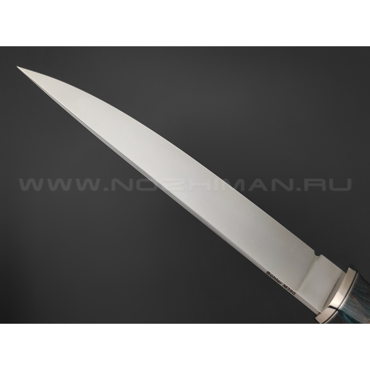 Кметь нож Рыбацкий сталь M390, рукоять карельская береза, мельхиор