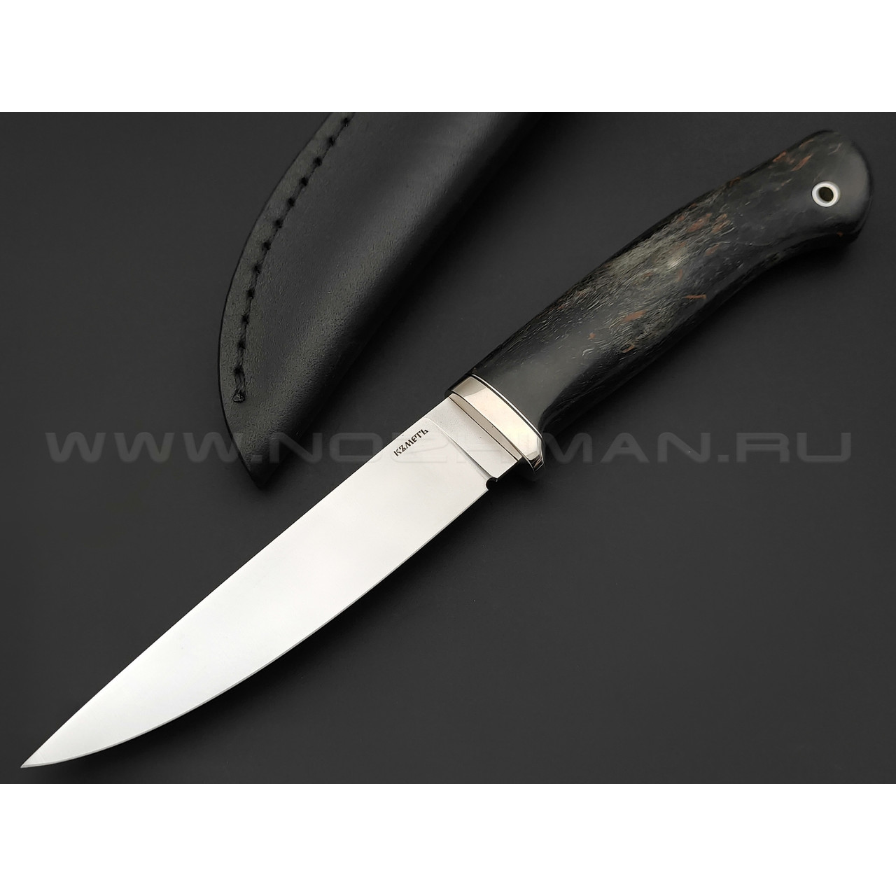 Кметь нож Рыбацкий-М сталь M390, рукоять карельская береза, мельхиор