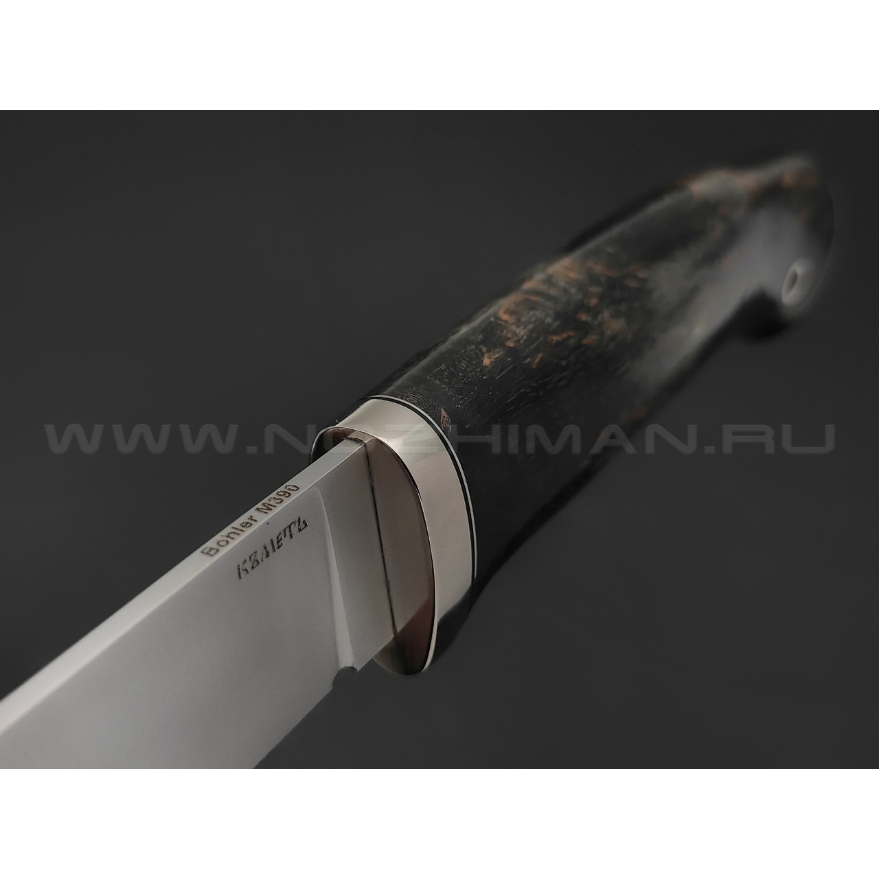 Кметь нож Рыбацкий-М сталь M390, рукоять карельская береза, мельхиор