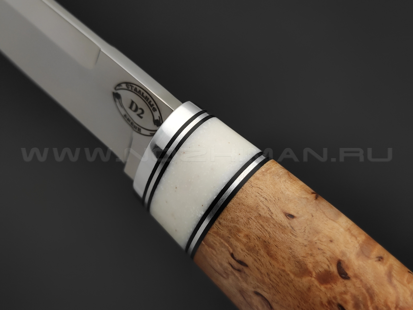 Нож "Финский 4-ФД" сталь D2, рукоять карельская береза и рог лося (Стальные Бивни)