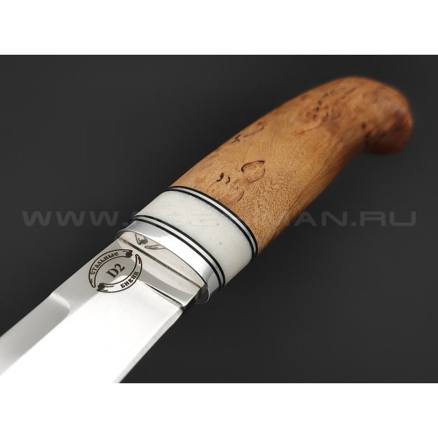 Стальные Бивни нож Финский 4 сталь D2, рукоять Карельская береза, кориан