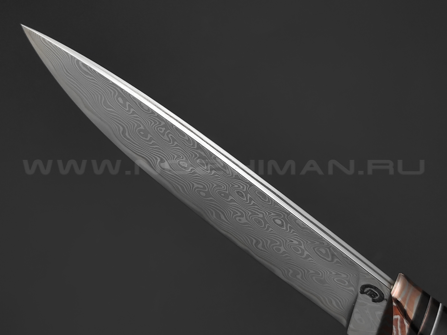 Кузница Васильева нож НЛВ124 ламинат M398, рукоять карельская береза, мокумэ-ганэ, карболит