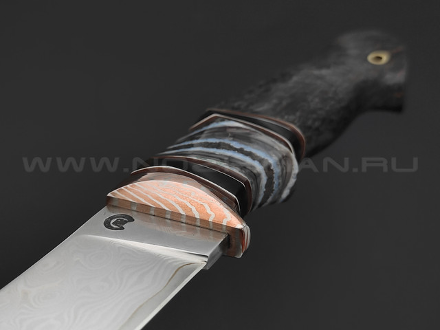 Кузница Васильева нож НЛВ126 ламинат M398, рукоять карельская береза, мокумэ-ганэ, зуб мамонта, карболит