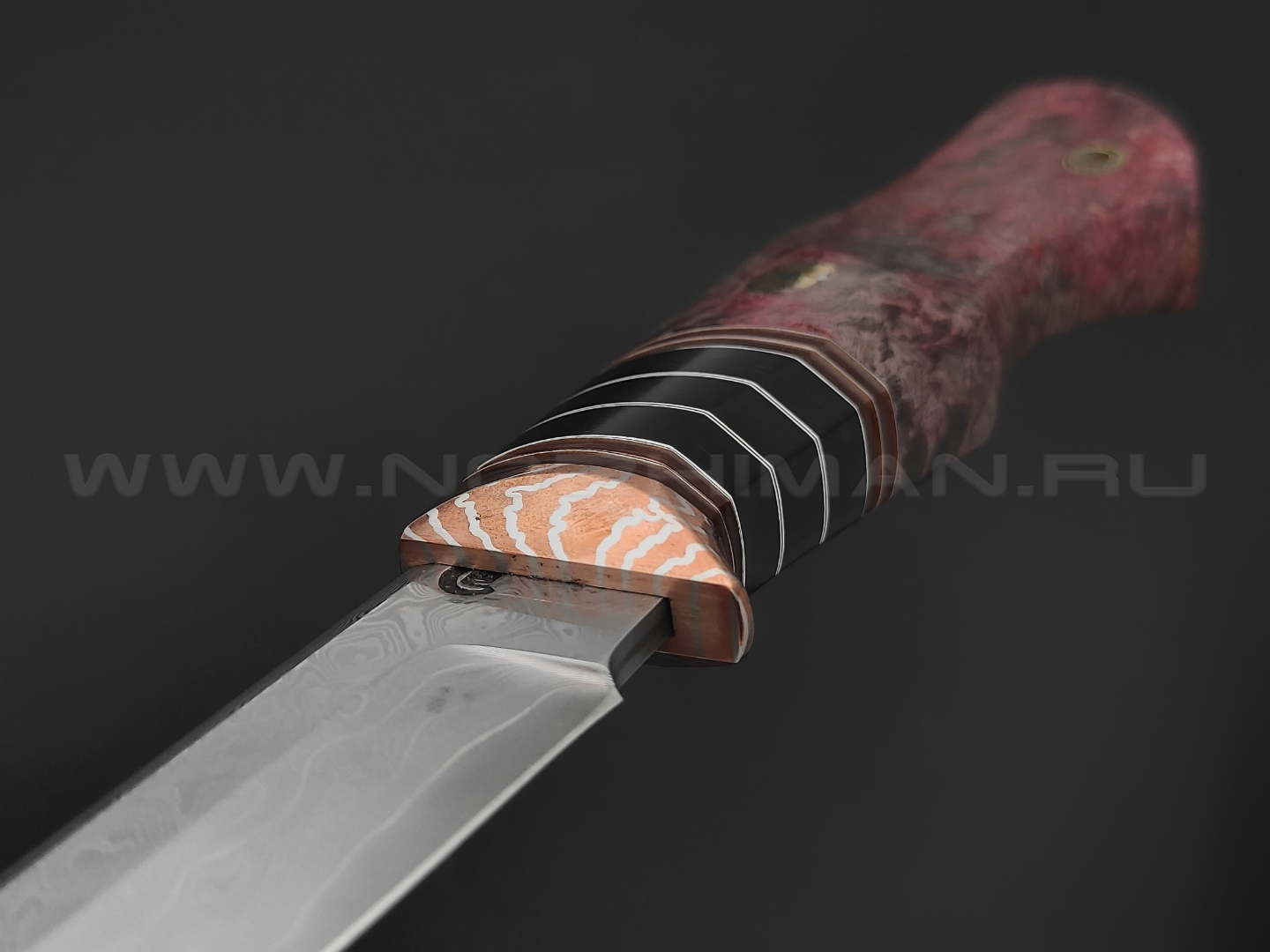 Кузница Васильева нож НЛВ130 ламинат M398, рукоять карельская береза, мокумэ-ганэ, карболит