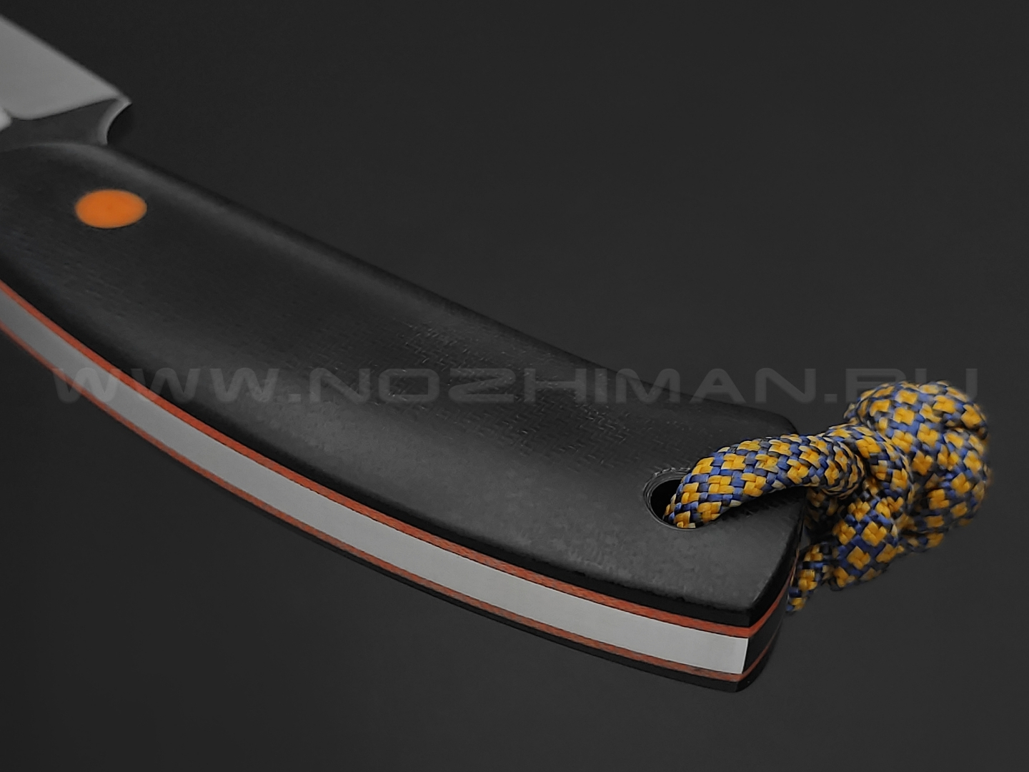 Андрей Гилев нож Ондатр сталь N690, рукоять микарта black, G10 orange