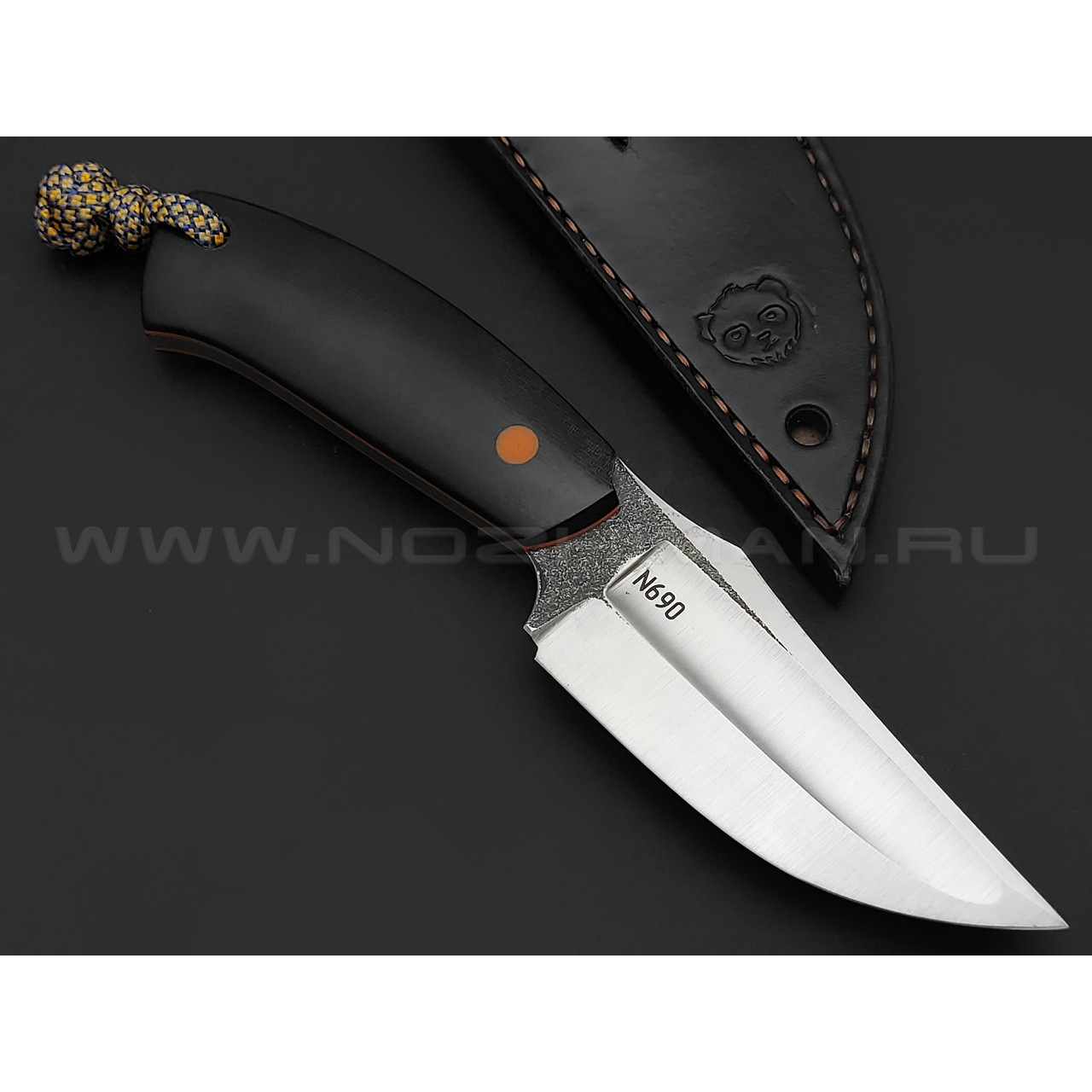 Андрей Гилев нож Ондатр сталь N690, рукоять микарта black, G10 orange