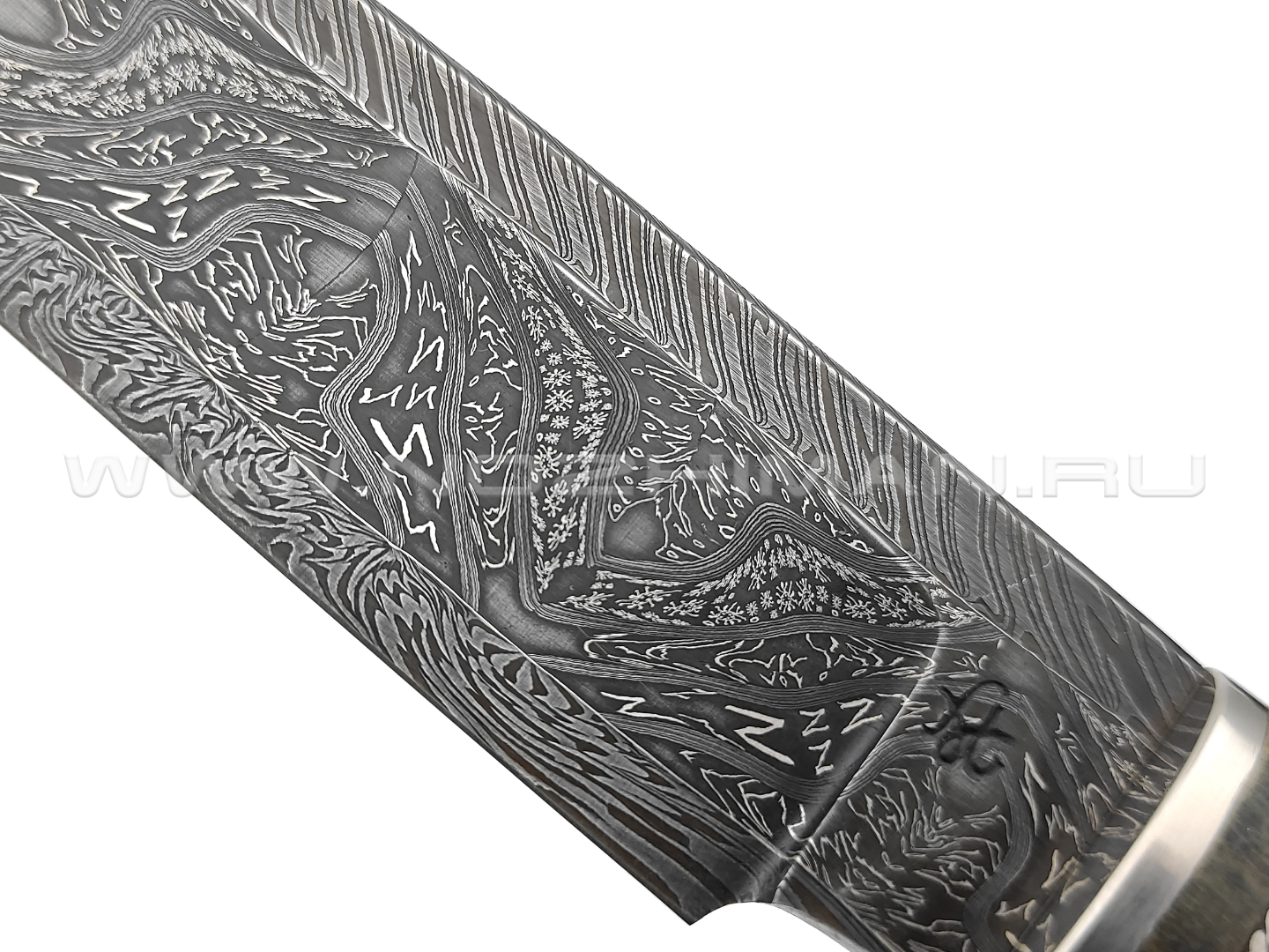 Влад Матвеев нож Ф3 VM20 мозаичный дамаск, рукоять дерево орех, ручная резьба, всечка никель, титан