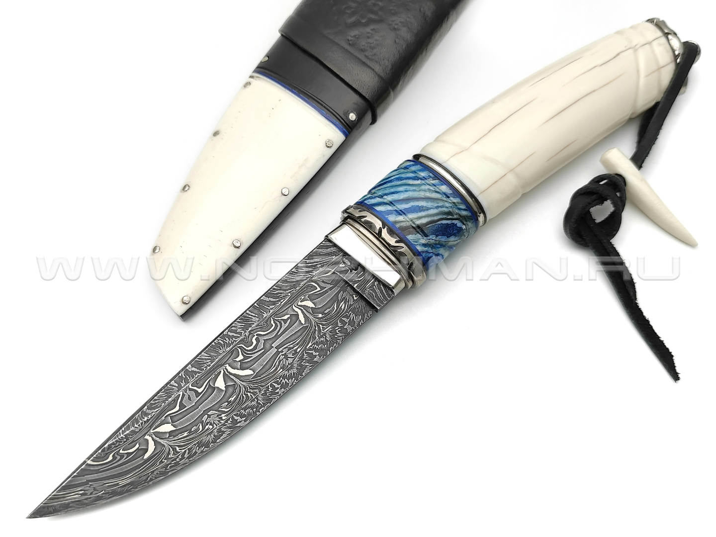 Влад Матвеев нож VM35 мозаичный дамаск, рукоять бивень моржа, зуб мамонта, нейзильбер