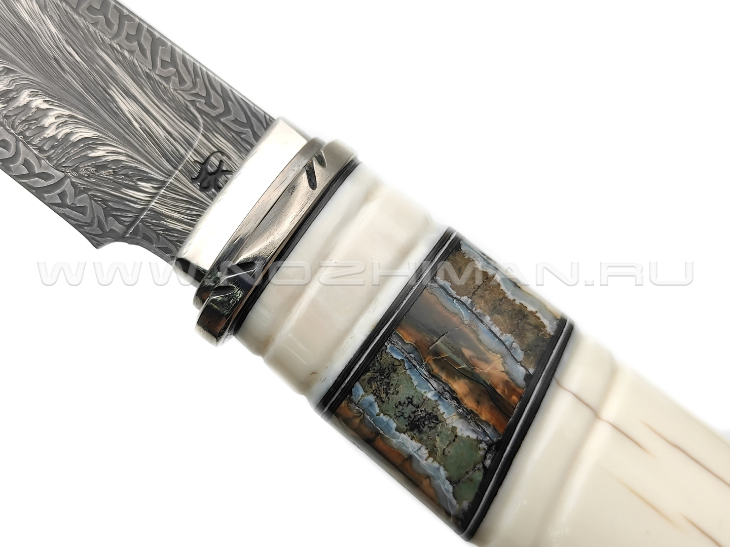 Влад Матвеев нож VM34 мозаичный дамаск, рукоять бивень моржа, зуб мамонта, нейзильбер