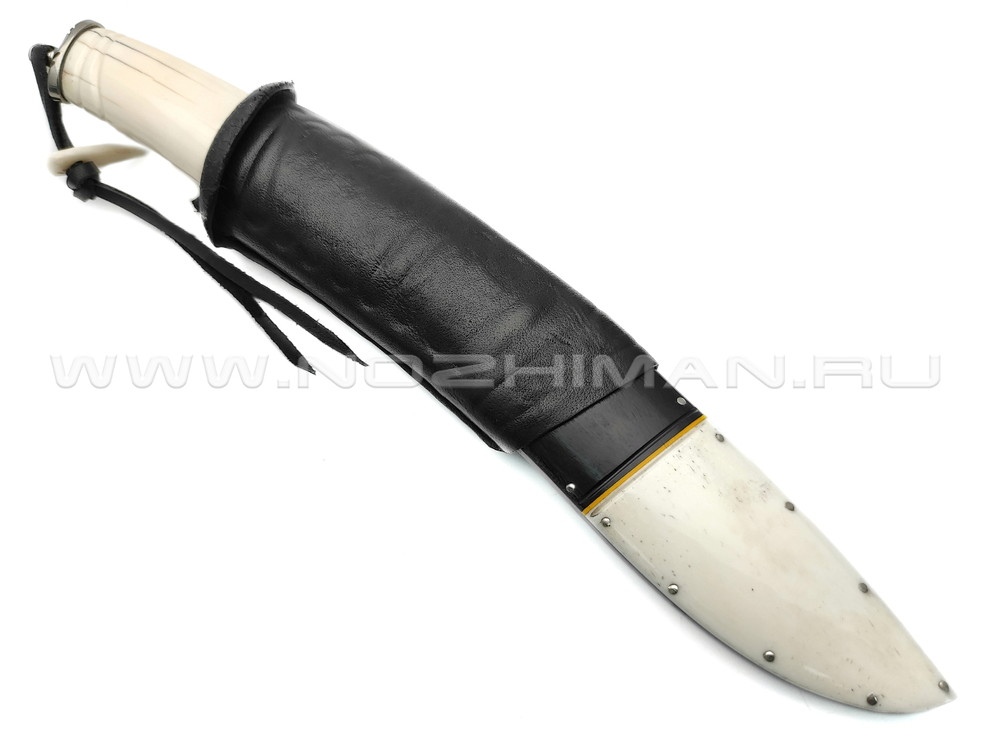 Влад Матвеев нож VM33 мозаичный дамаск, рукоять бивень моржа, зуб мамонта, нейзильбер