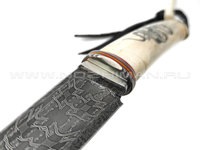 Влад Матвеев нож VM46 мозаичный дамаск, рукоять рог лося с пирографией, нейзильбер