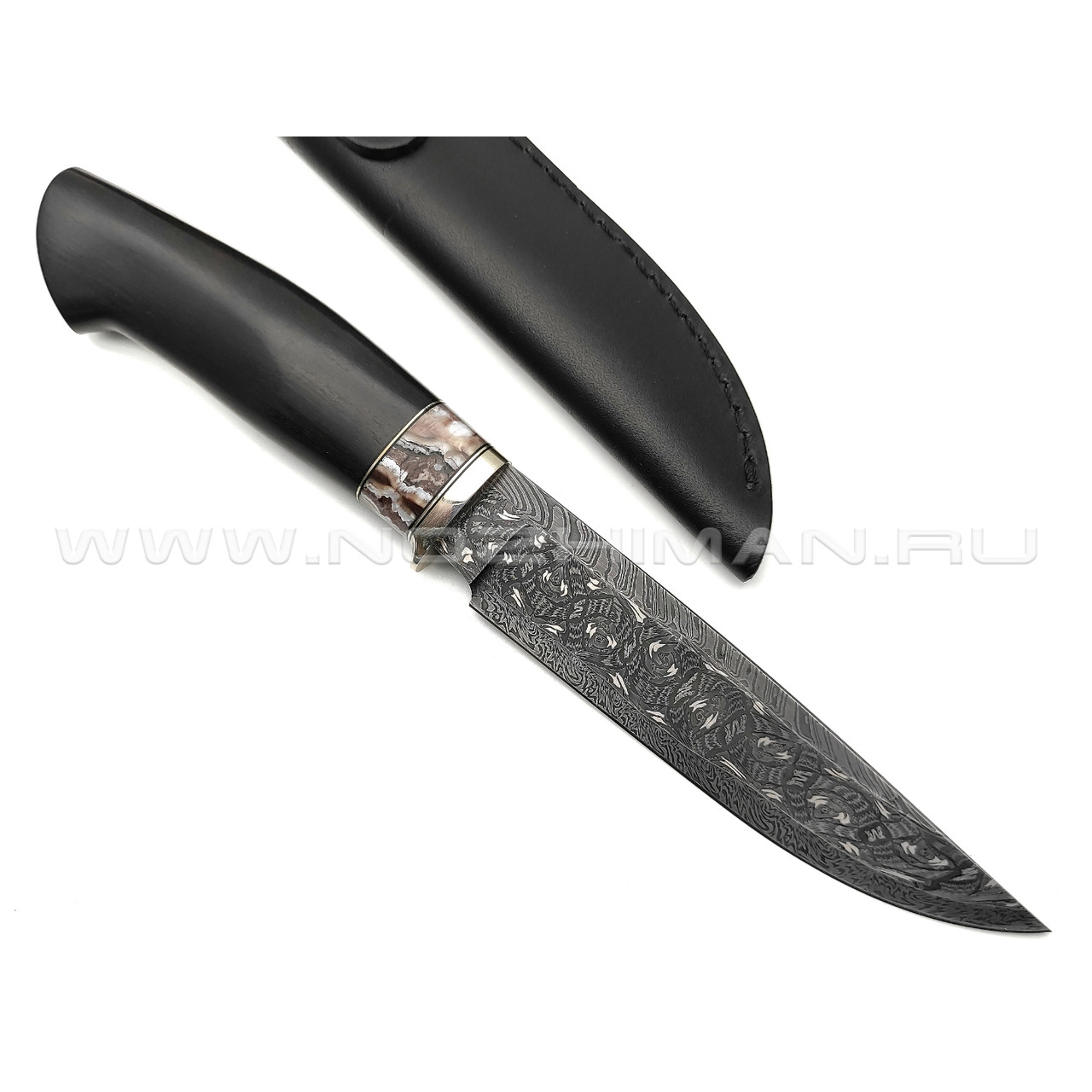 Влад Матвеев нож Ф3 VM40 мозаичный дамаск, рукоять дерево граб, зуб мамонта, нейзильбер