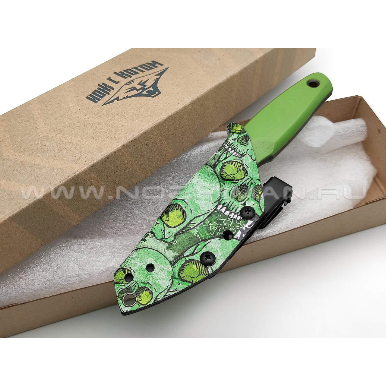 Нож с Котом "29" сталь X90, рукоять G10 light green, kydex green skull