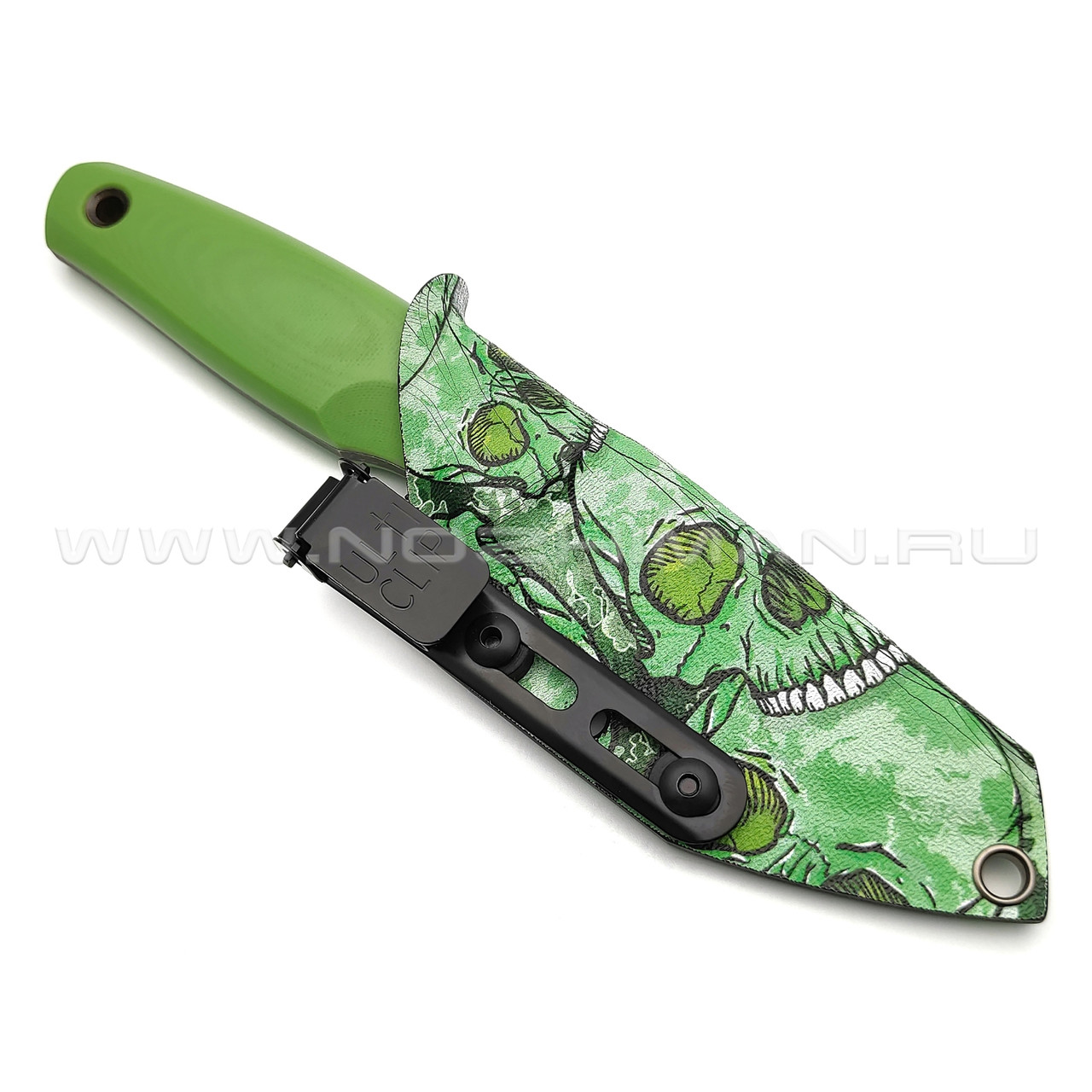 Нож с Котом "29" сталь X90, рукоять G10 light green, kydex green skull