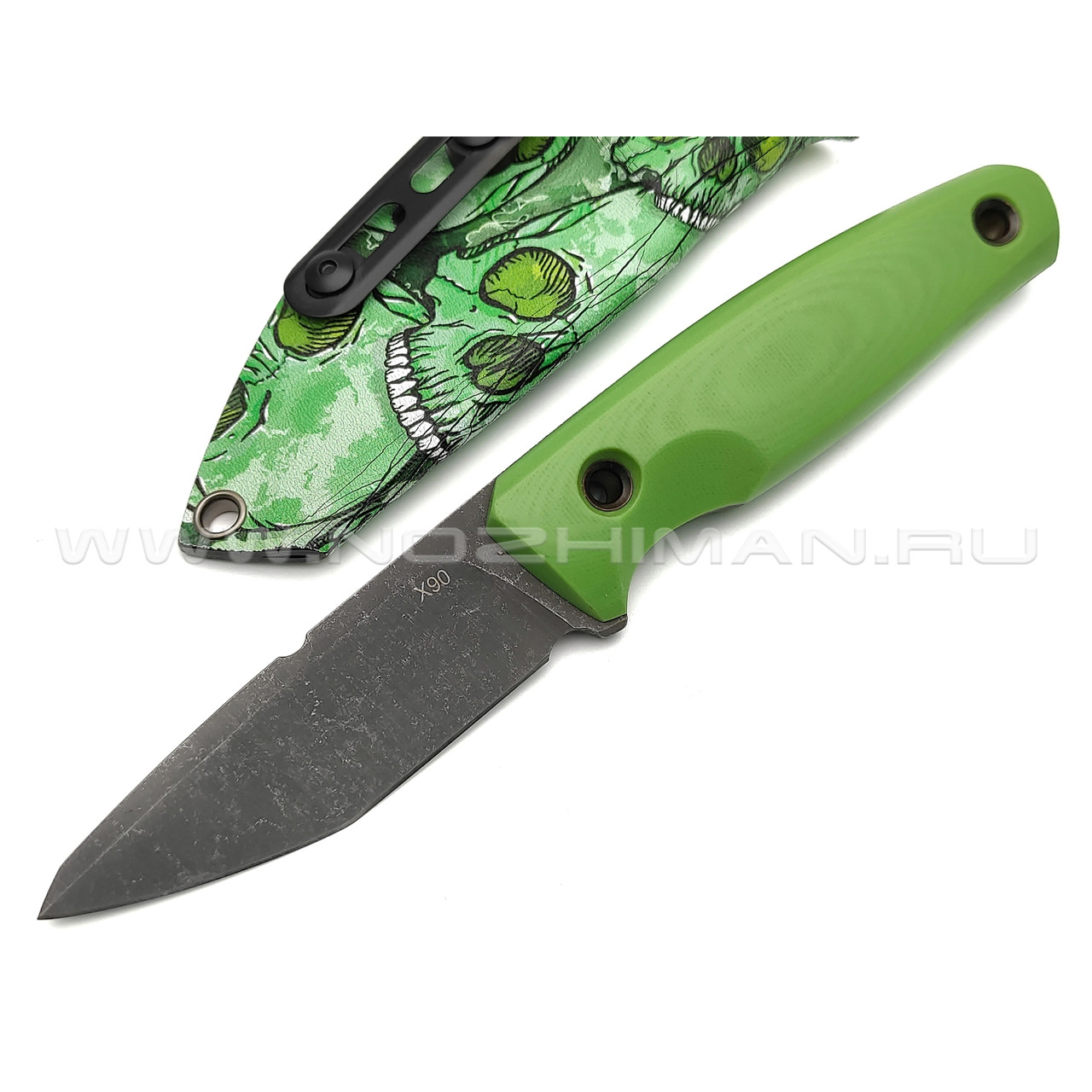 Нож с Котом "29" сталь X90, рукоять G10 light green, kydex green skull
