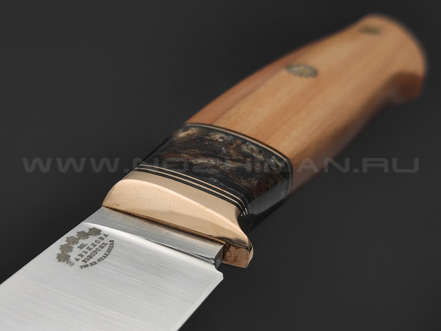 Товарищество Завьялова нож Ладья сталь M390, рукоять Дерево груша, бронза, акрил, пины