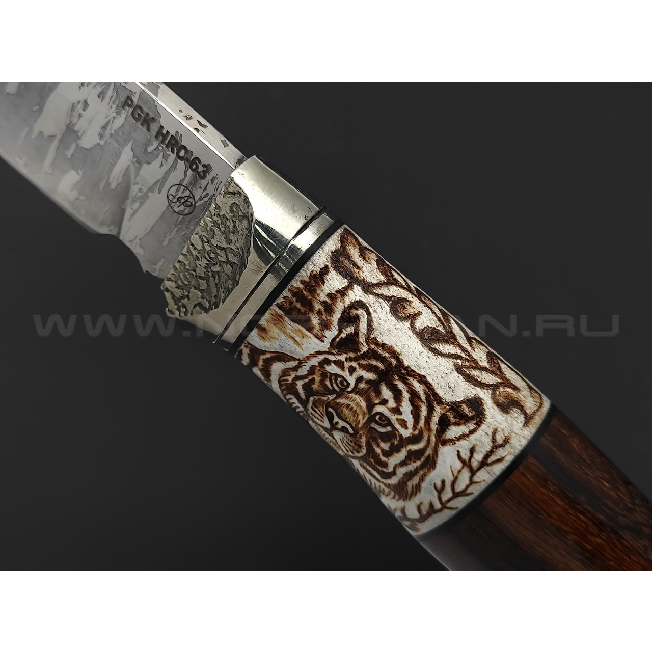 Нож Клык-2 сталь PGK, рукоять Айронвуд, рог лося с пирографией, мельхиор (Фурсач А. А.)