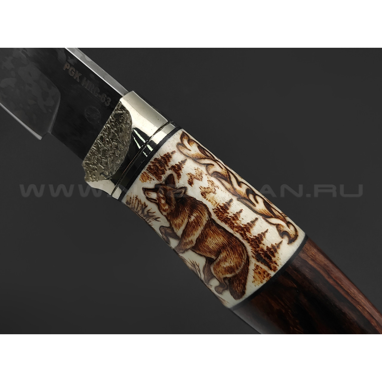 Нож Волк сталь PGK, рукоять Айронвуд, рог лося с пирографией, мельхиор (Фурсач А. А.)