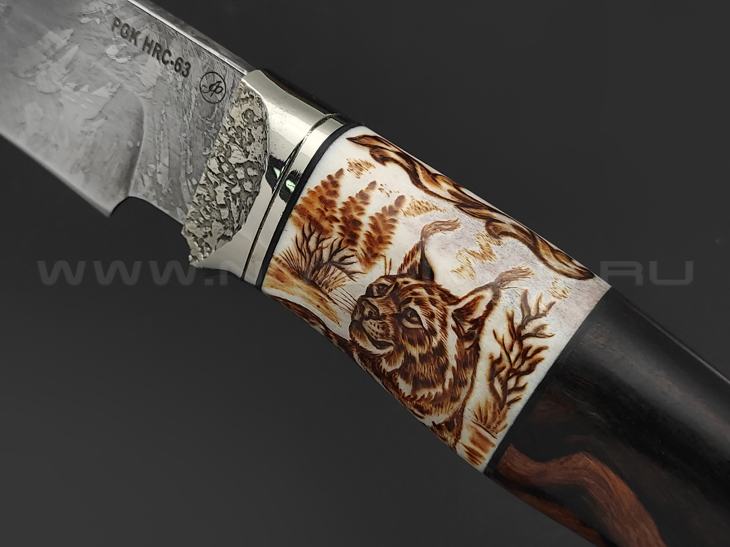 Нож Волк-2 сталь PGK, рукоять Айронвуд, рог лося с пирографией, мельхиор (Фурсач А. А.)