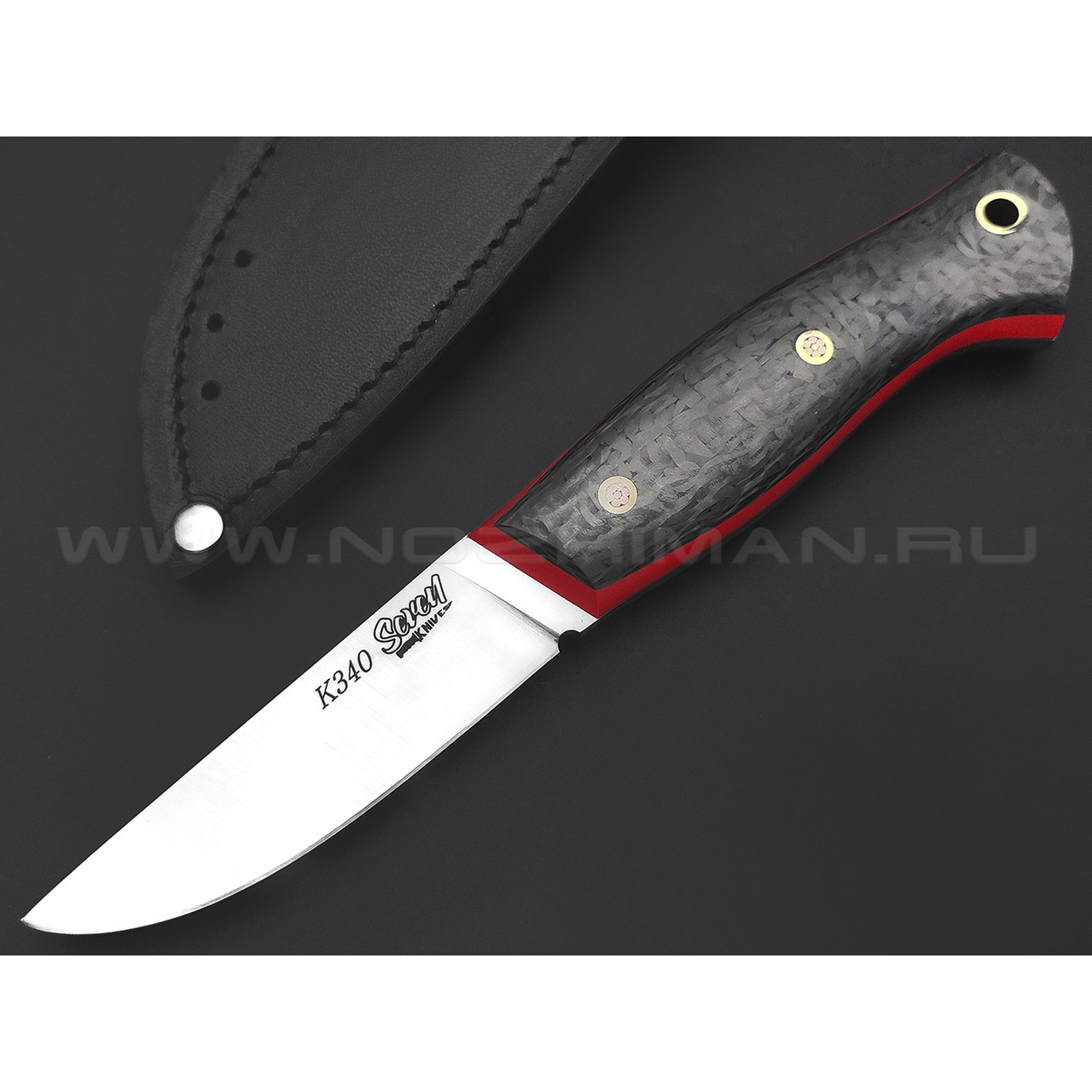 7 ножей нож Клык малый сталь K340 satin, рукоять Carbon fiber, G10 red