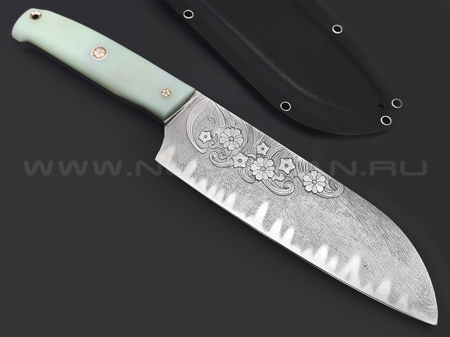 Волчий Век нож Santoku сталь 1.4116 WA травление, рукоять G10 jade, мозаичные пины