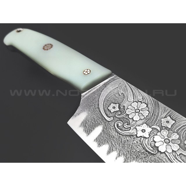 Волчий Век нож Santoku сталь 1.4116 WA травление, рукоять G10 нефрит, мозаичные пины