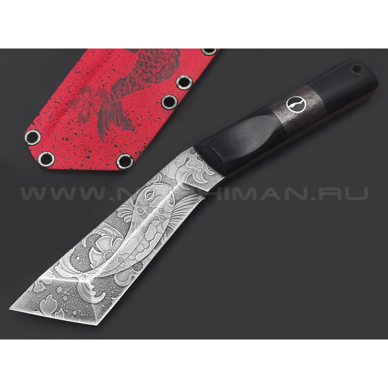 Волчий Век нож НДК-11 сталь D2 WA травление, рукоять G10 black, Chaotic carbon fiber red