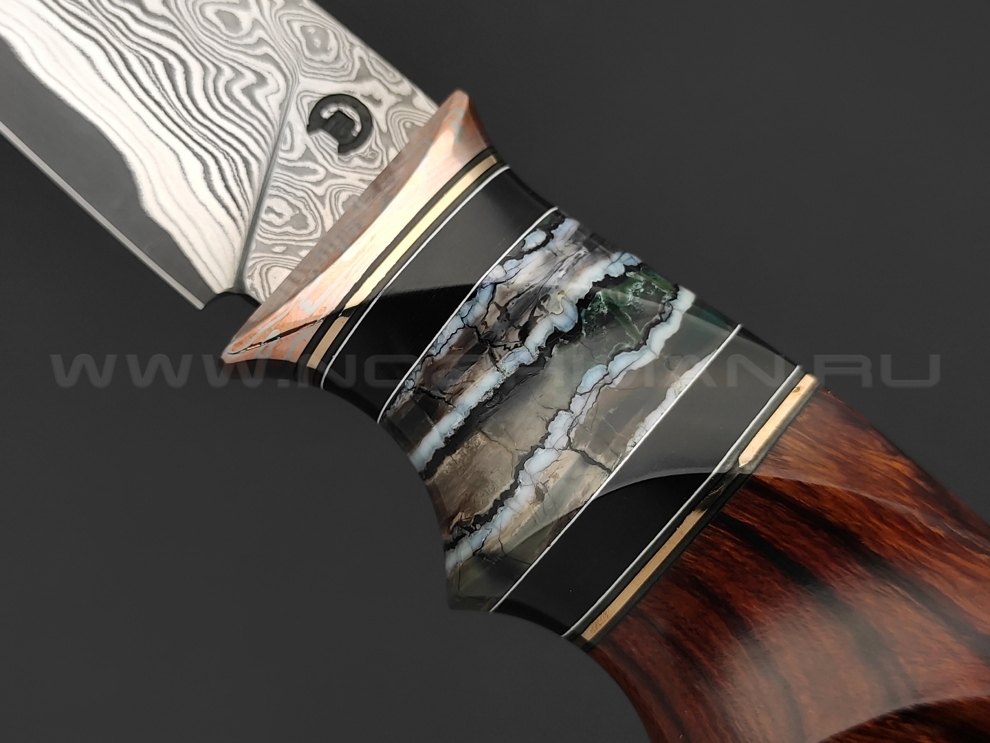 Кузница Васильева нож НЛВ140 ламинат CPM Rex 121, рукоять айронвуд, мокумэ-ганэ, зуб мамонта