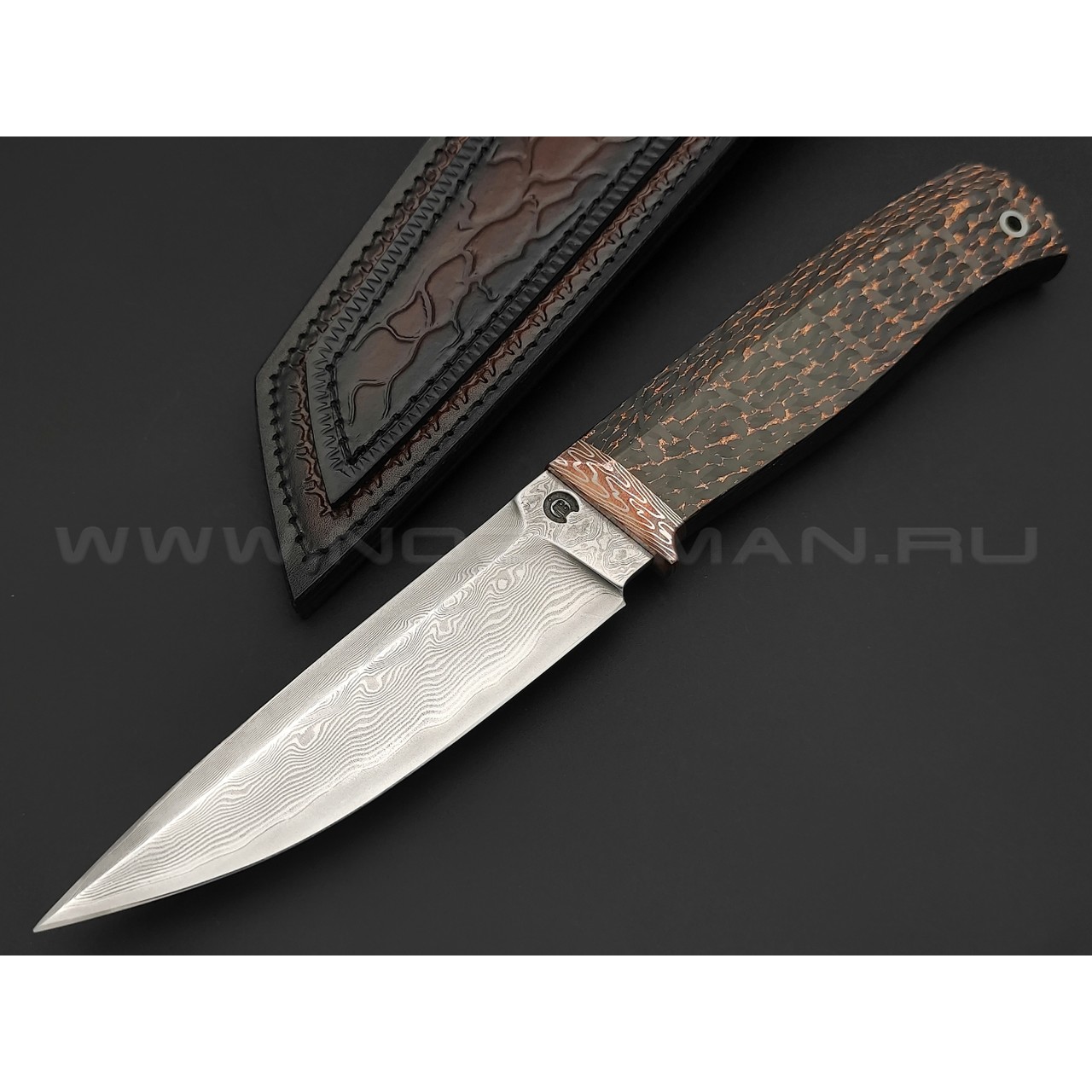 Кузница Васильева нож НЛВ138 ламинат M390, рукоять Carbon fiber Copper, мокумэ-ганэ