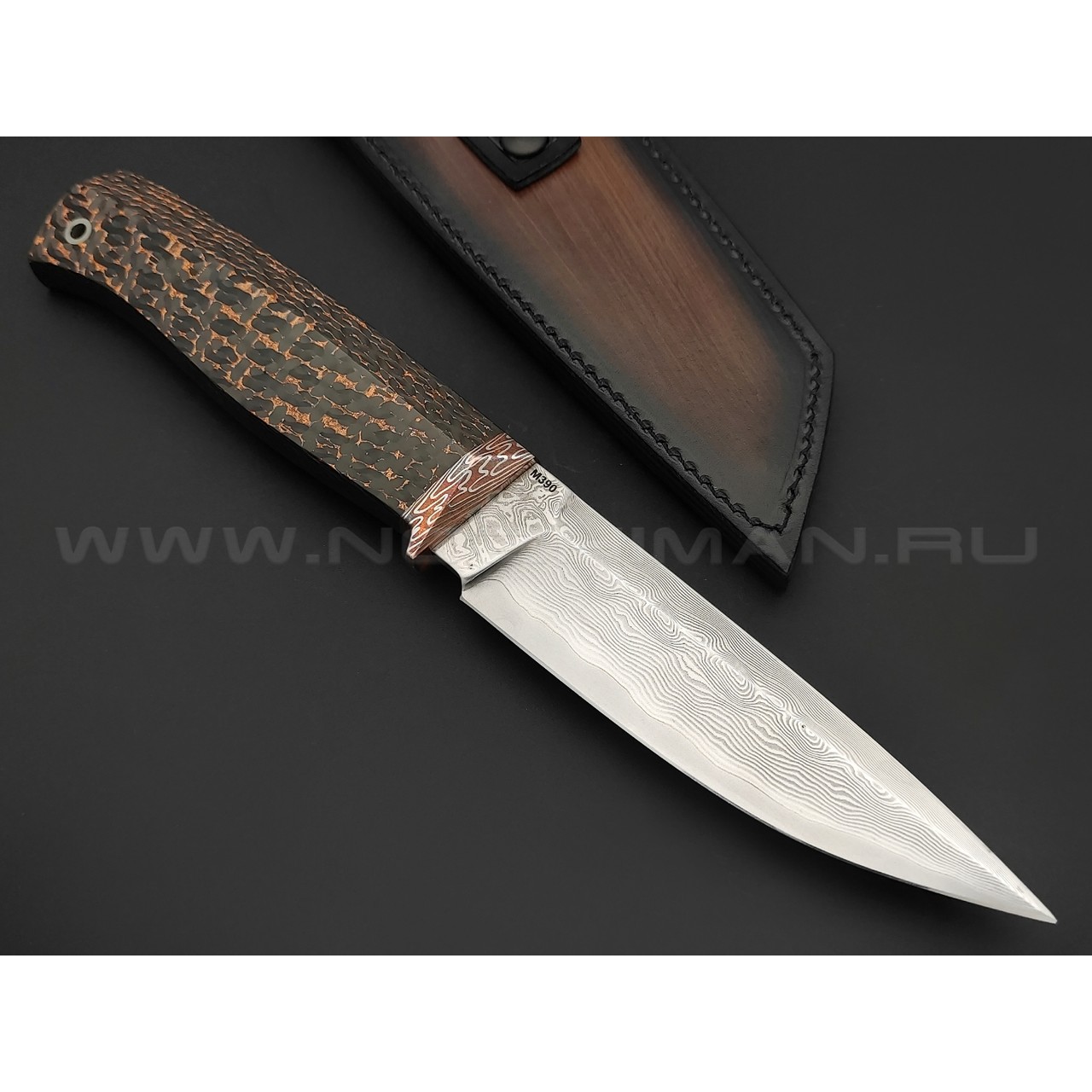 Кузница Васильева нож НЛВ138 ламинат M390, рукоять Carbon fiber Copper, мокумэ-ганэ