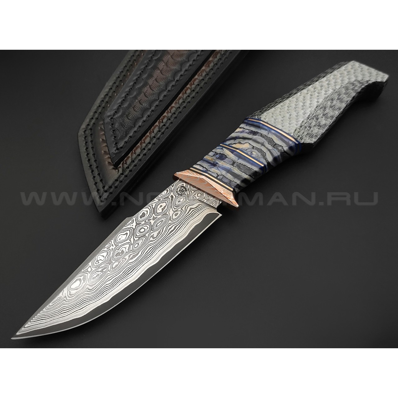 Кузница Васильева нож НЛВ135 ламинат CPM Rex 121, рукоять Silver Twill, мокумэ-ганэ, зуб мамонта
