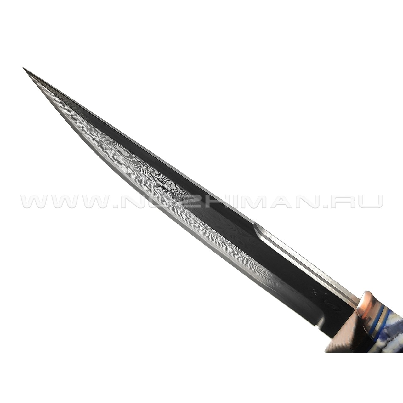 Кузница Васильева нож НЛВ135 ламинат CPM Rex 121, рукоять Silver Twill, мокумэ-ганэ, зуб мамонта